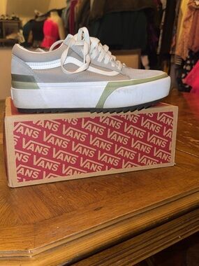Vans Light Gray and Olive Platform Old Skool